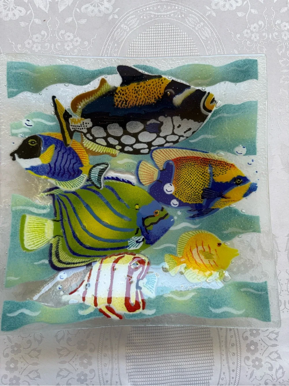 Peggy Karr Fused 12” Glass Multicolor Tropical Fish Decorative Art Plaque Bowl
